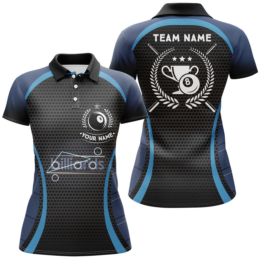 Personalized Blue 8 Ball Pool Polo Shirts For Women, Custom Billiard 8 Ball Emblem Trophy Jerseys VHM0798