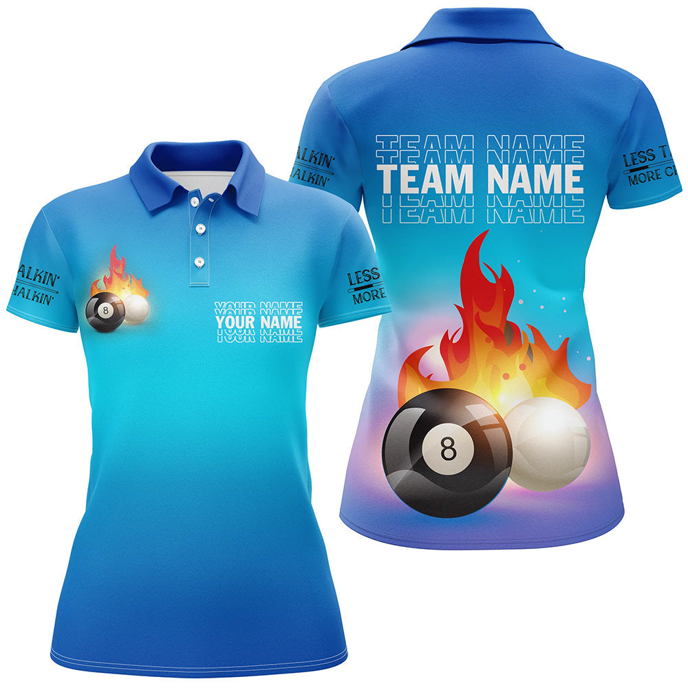 Personalized 8 Ball And Cue Ball Pool Blue 3D Polo Shirts For Women, Custom Name Billiard Jerseys VHM0699