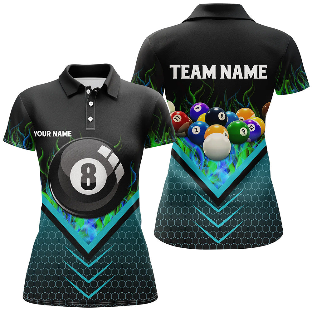 Personalized Fire Blue Hive 8 Ball Billiard 3D Polo Shirts For Women, Custom Pool Balls Team Jerseys VHM1061