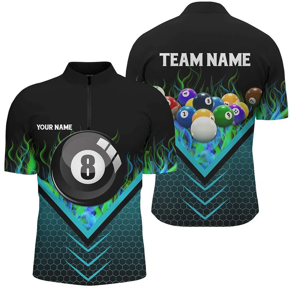 Personalized Fire Blue Hive 8 Ball Billiard 3D Quarter-Zip Shirts For Men, Pool Balls Team Jerseys VHM1061