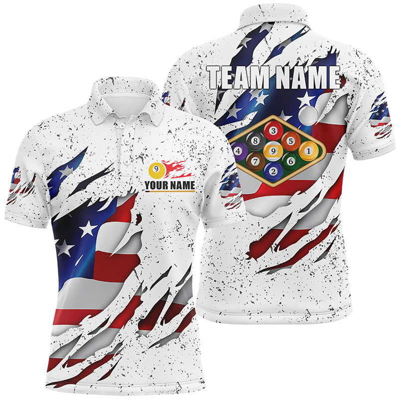 Billiards Balls US Flag White Grunge Custom Name Billiard Polo Shirts For Men, 9 Ball Pool Shirts VHM0643