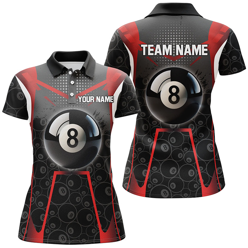 Personalized Red Black 8 Ball Billiard 3D Polo Shirts For Women, Custom 8 Ball Pool Pattern Jerseys VHM1033