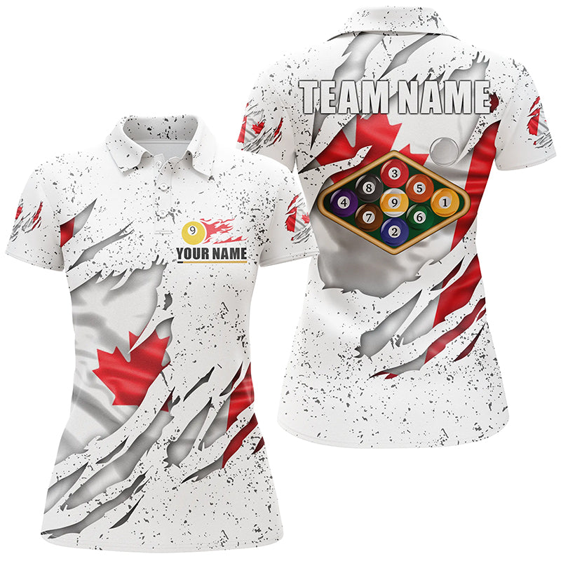 Billiards Balls Canadian Flag White Grunge Custom Billiard Polo Shirts For Women, 9 Ball Pool Shirts VHM0662