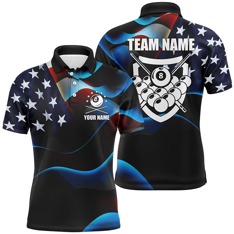 Personalized 3D US Flag 8 Ball Pool Polo Shirts For Men, Custom Name Billiard 8 Ball Team Jerseys VHM0810