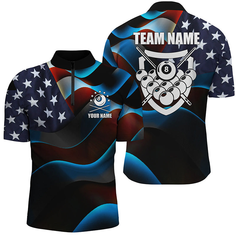 Personalized 3D US Flag 8 Ball Pool Quarter-Zip Shirts For Men, Custom Billiard 8 Ball Team Jerseys VHM0810