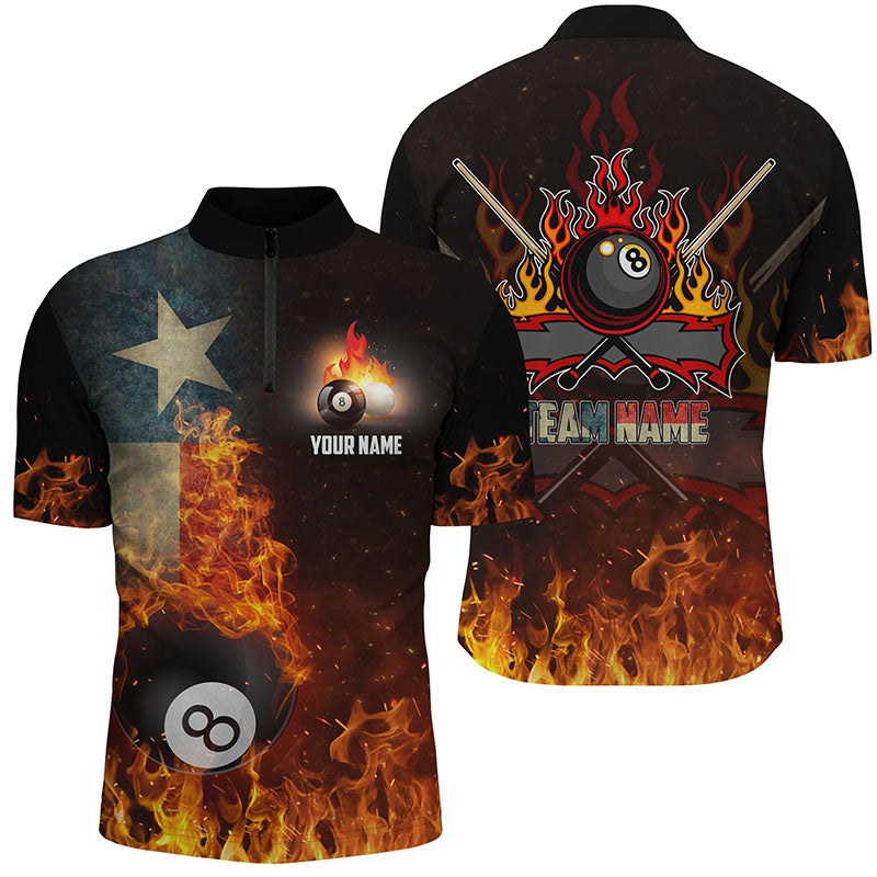 Personalized Customized Texas Flag 8 Ball Pool On Fire 3D Billiard Quarter-Zip Shirts For Men VHM0951
