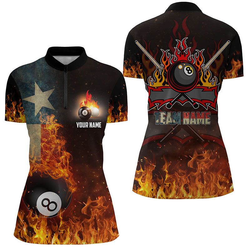 Personalized Customized Texas Flag 8 Ball Pool On Fire 3D Billiard Quarter-Zip Shirts For Women VHM0951