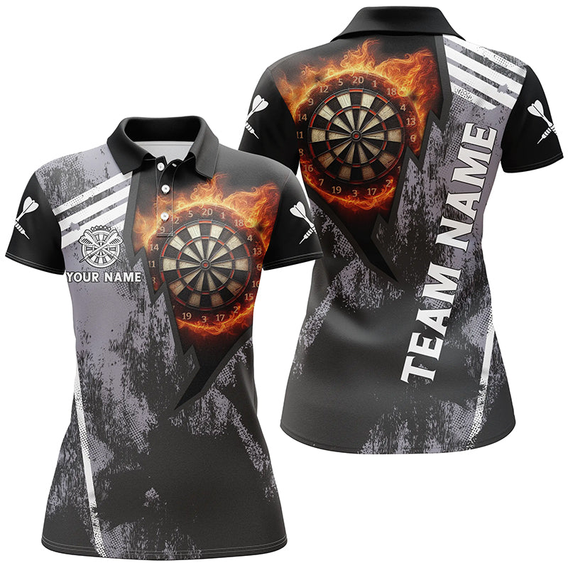 Personalized Grunge Black Flame Dartboard Dart 3D Polo Shirt For Women, Custom Women Dart Jerseys VHM1078