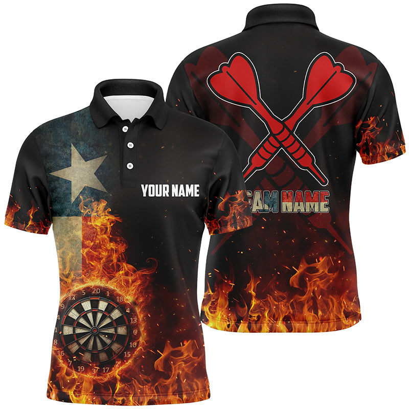 Personalized Texas Flag Fire Dartboard Dart Polo Shirts For Men, Custom Patriotic Mens Dart Jerseys VHM1080