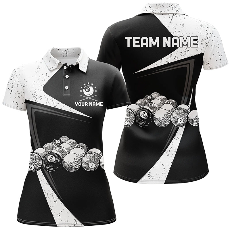Personalized Black White Grunge Billiard Balls Polo Shirts For Women, Custom 8 Ball Pool Team Shirts VHM0787