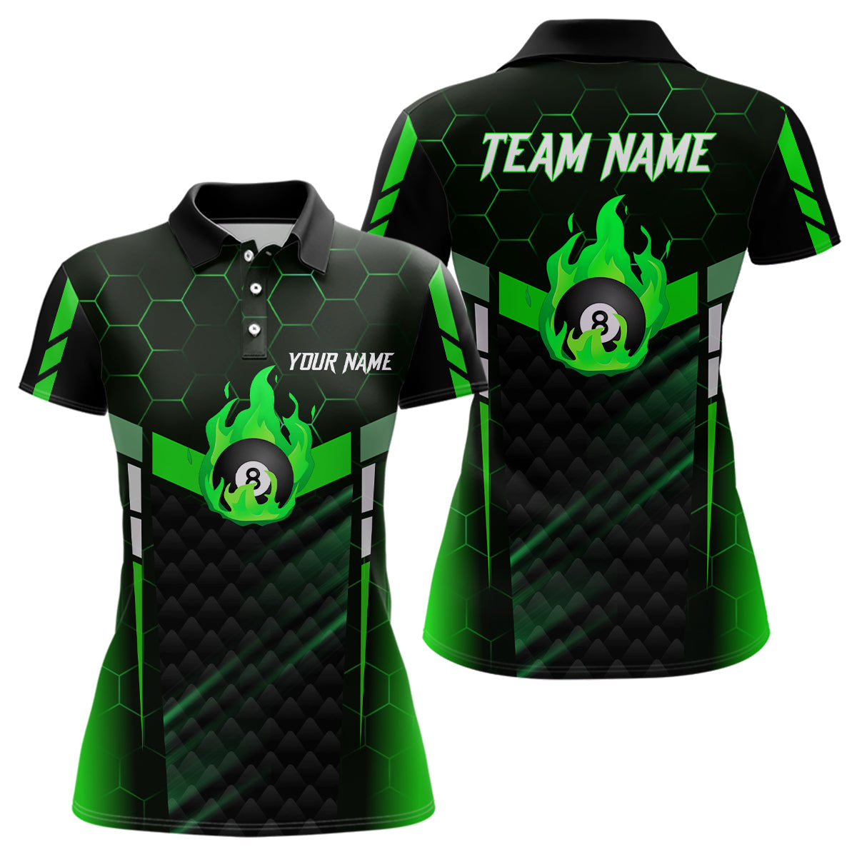 Personalized Green Fire 8 Ball Billiard 3D Polo Shirts For Women, Custom 8 Ball Pool Team Jerseys VHM1019
