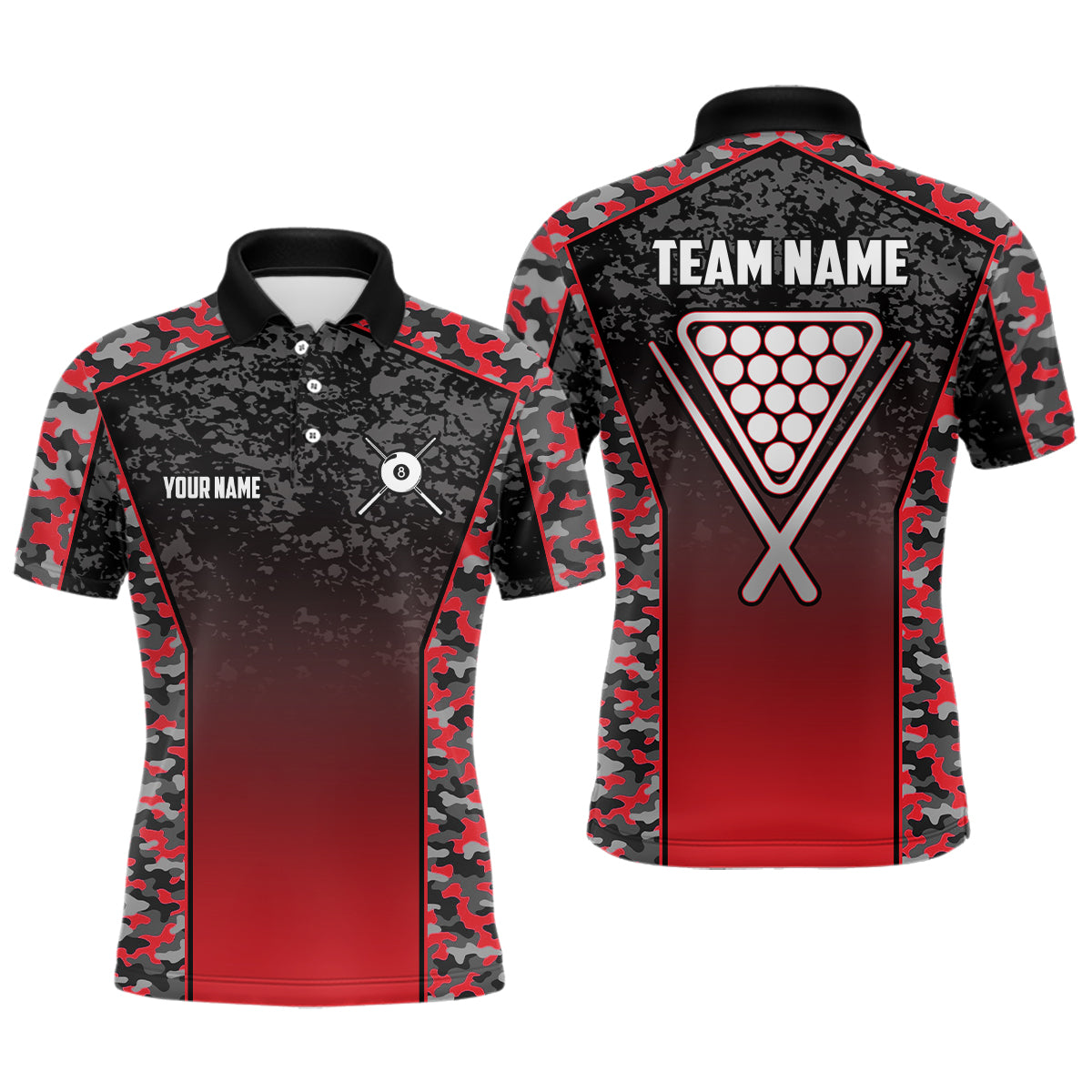 Personalized Red Camo 8 Ball Pool Polo Shirts For Men, Custom 8 Ball Billiard Balls Team Shirts VHM0797