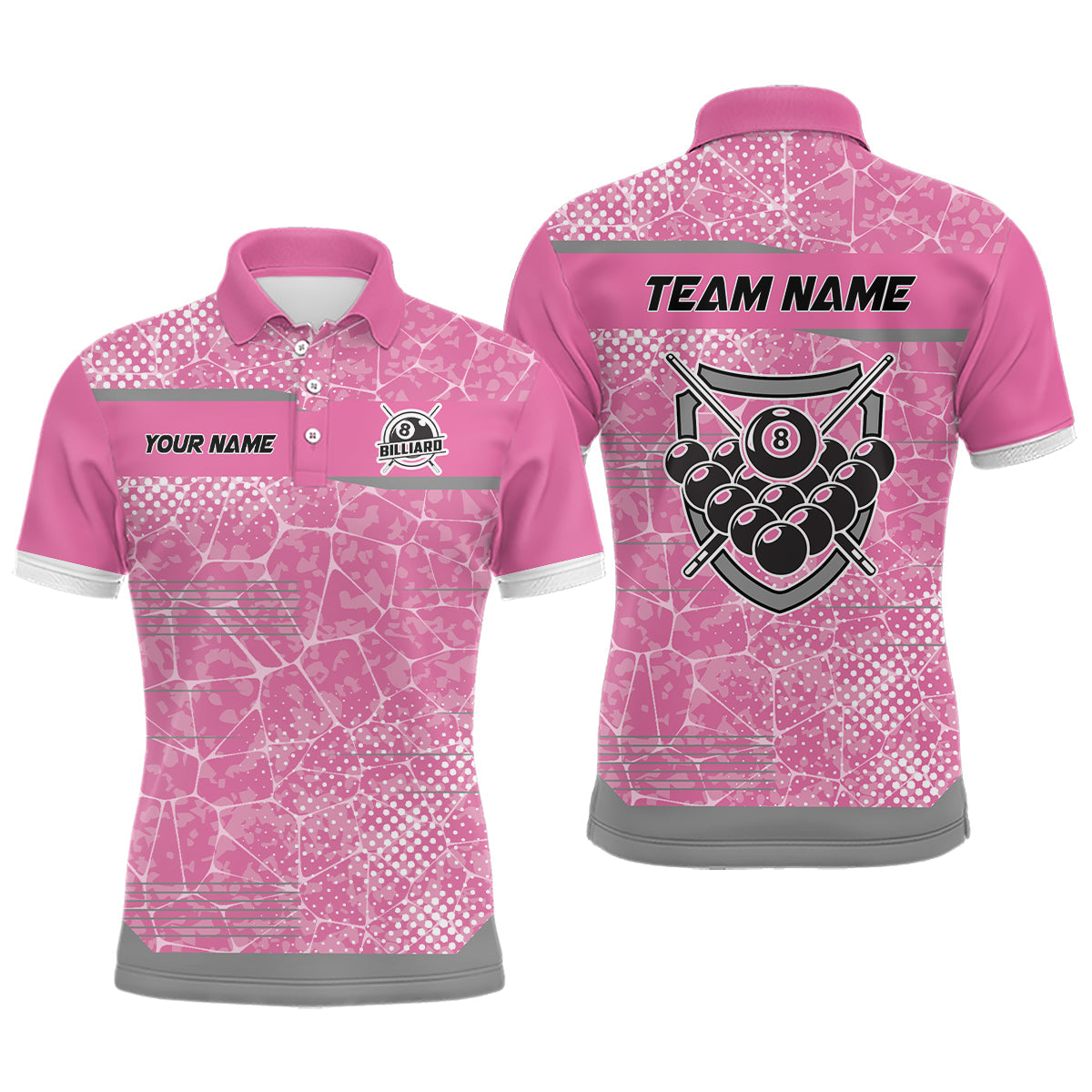 Personalized Pink Grey 8 Ball Billiard Polo Shirts For Men, Custom Billiard Balls Team Jerseys VHM0811