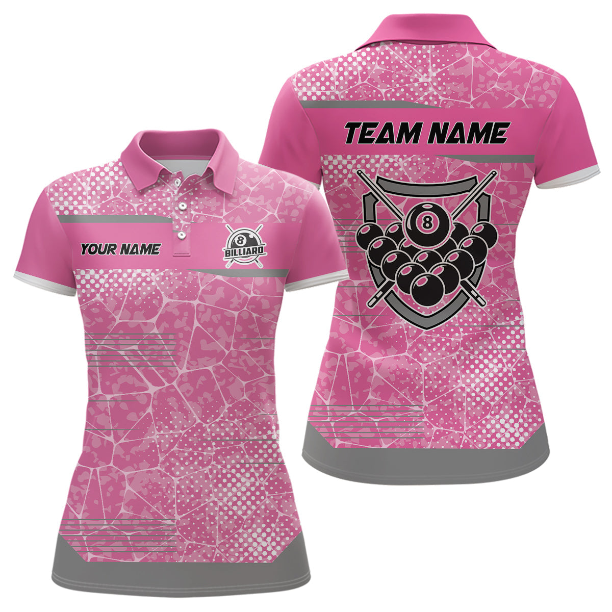 Personalized Pink Grey 8 Ball Billiard Polo Shirts For Women, Custom Billiard Balls Team Jerseys VHM0811