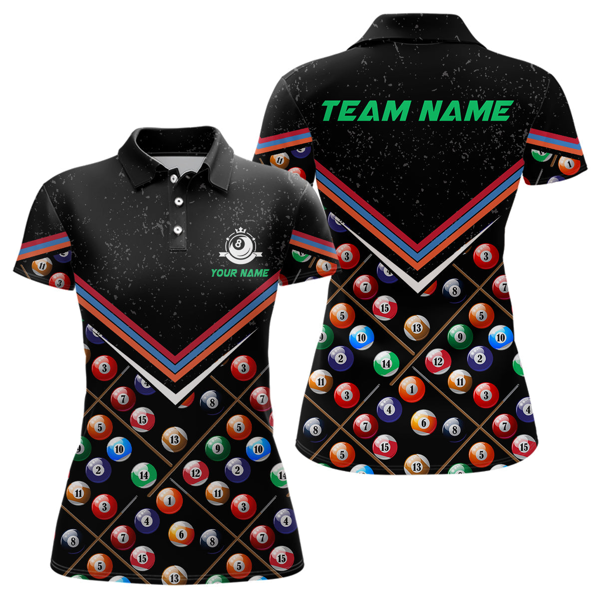 Personalized 3D Billiard Balls Polo Shirts For Women, Custom Black Grunge 8 Ball Pool Team Shirts VHM0242
