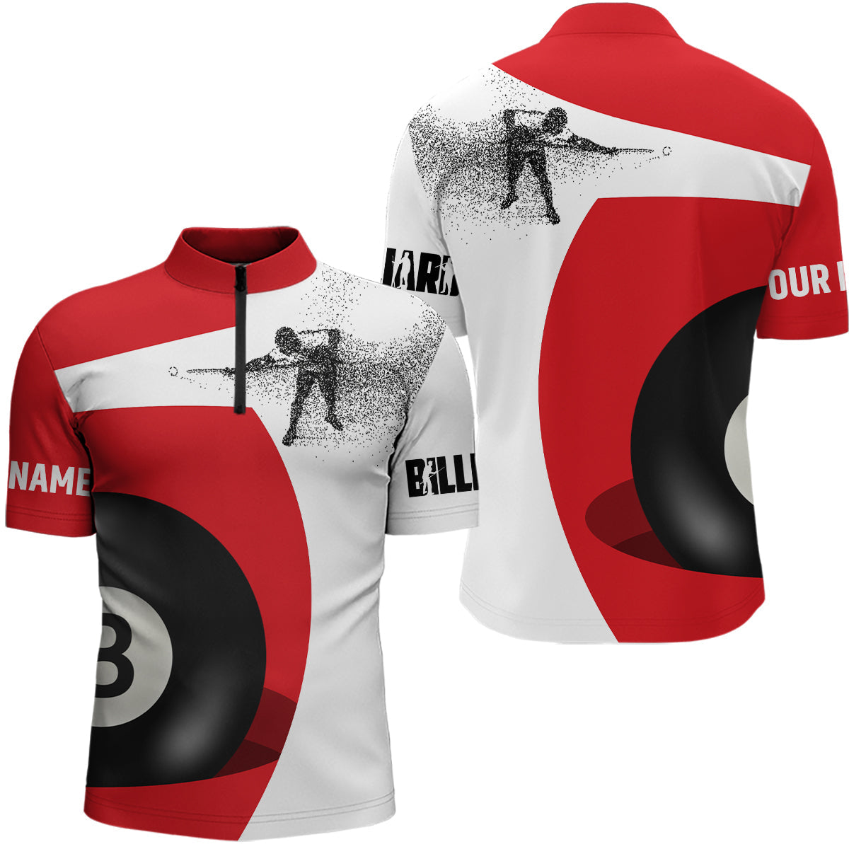 Personalized Customized 3D Funny Billiard Player 8 Ball Pool Red White Quarter-Zip Shirts For Men VHM0512