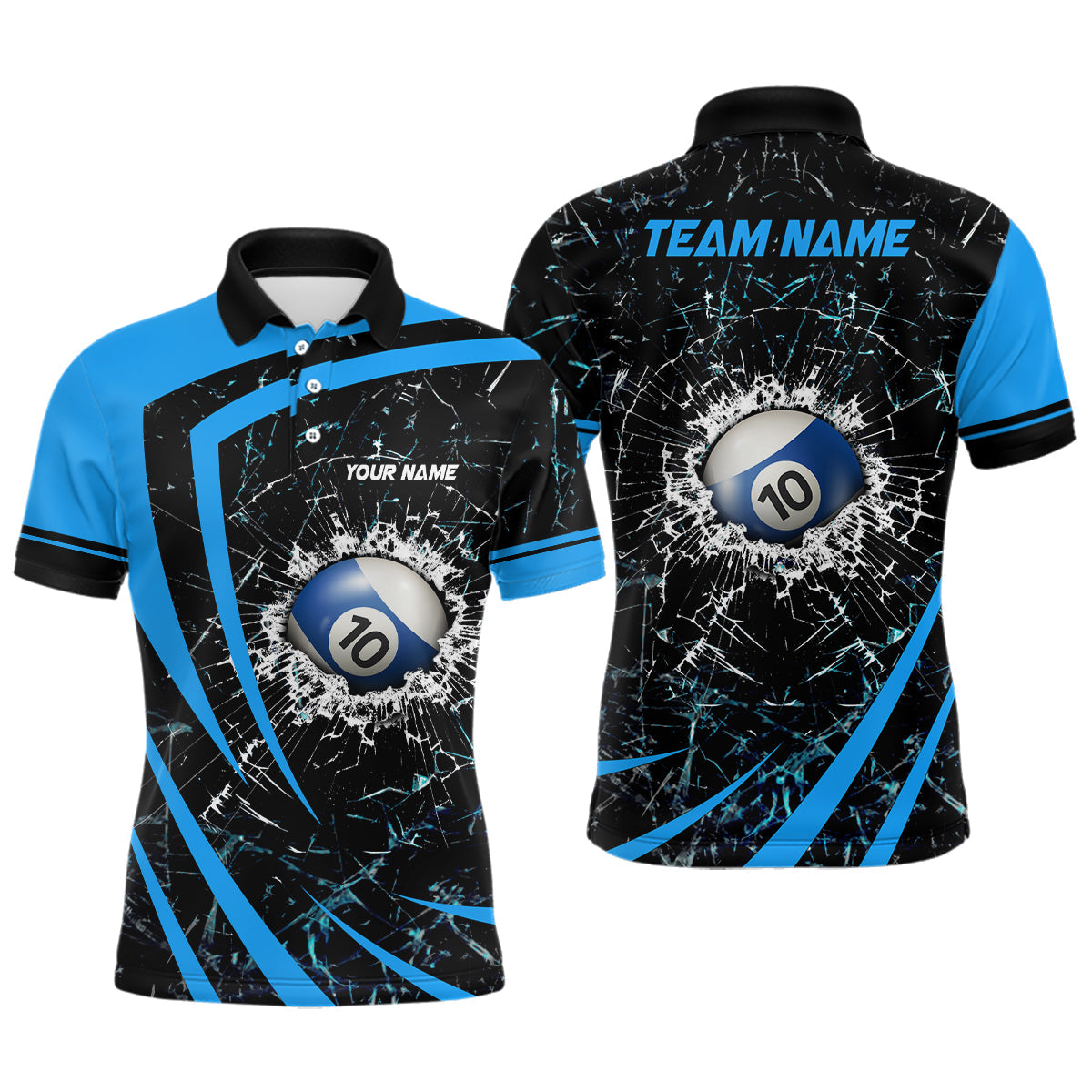 Personalized Blue Glass Break 10 Ball Billiard 3D Polo Shirts For Men, Custom 10 Ball Pool Jerseys VHM0971