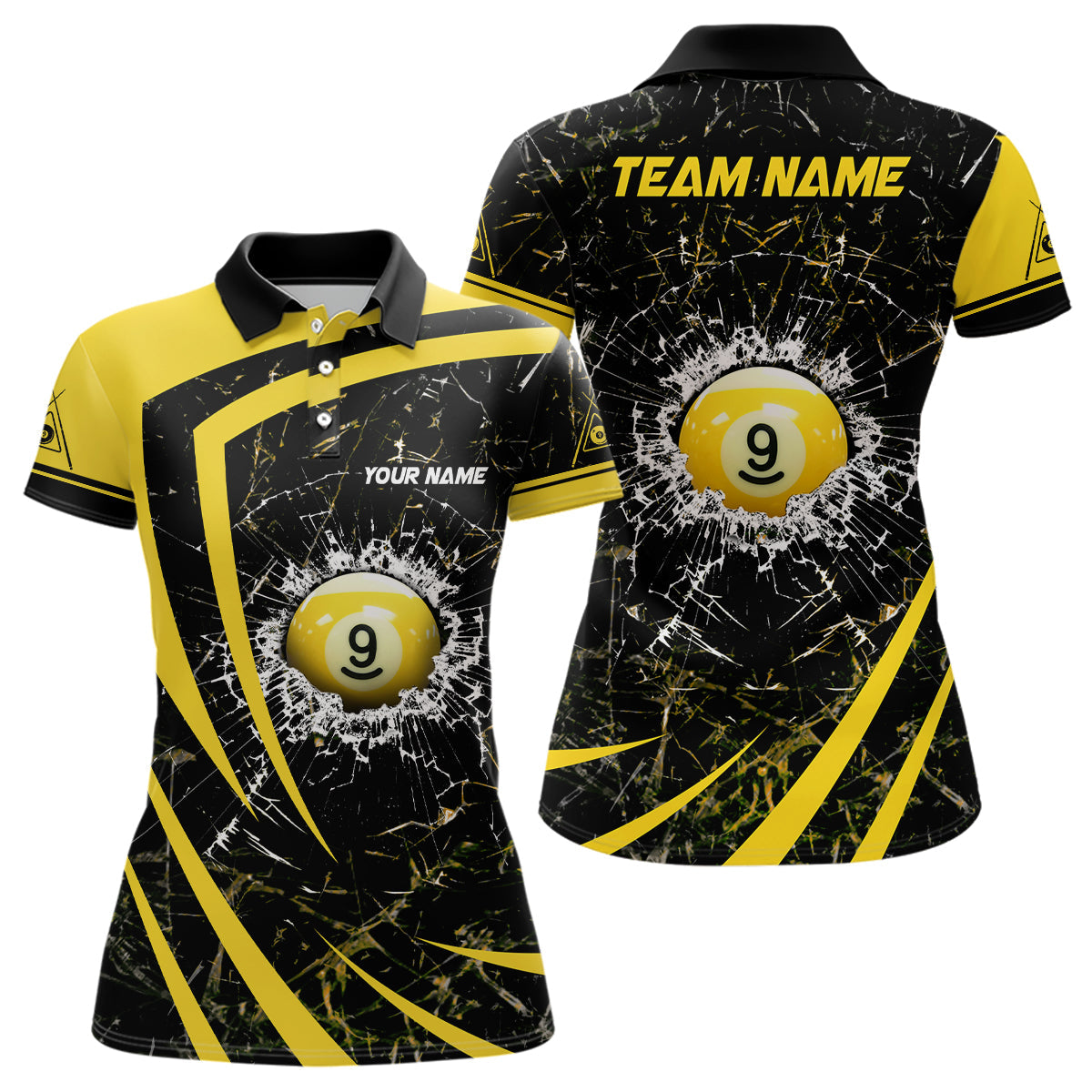 Personalized Yellow Glass Break 9 Ball Billiard 3D Polo Shirts For Women, Custom 9 Ball Pool Jerseys VHM0972