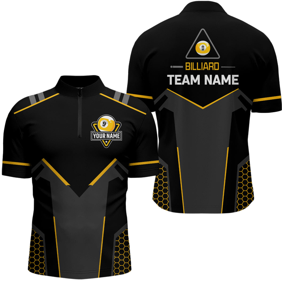 Personalized Black Yellow 9 Ball Billiard 3D Quarter-Zip Shirts For Men, 9 Ball Pool Team Jerseys VHM1053