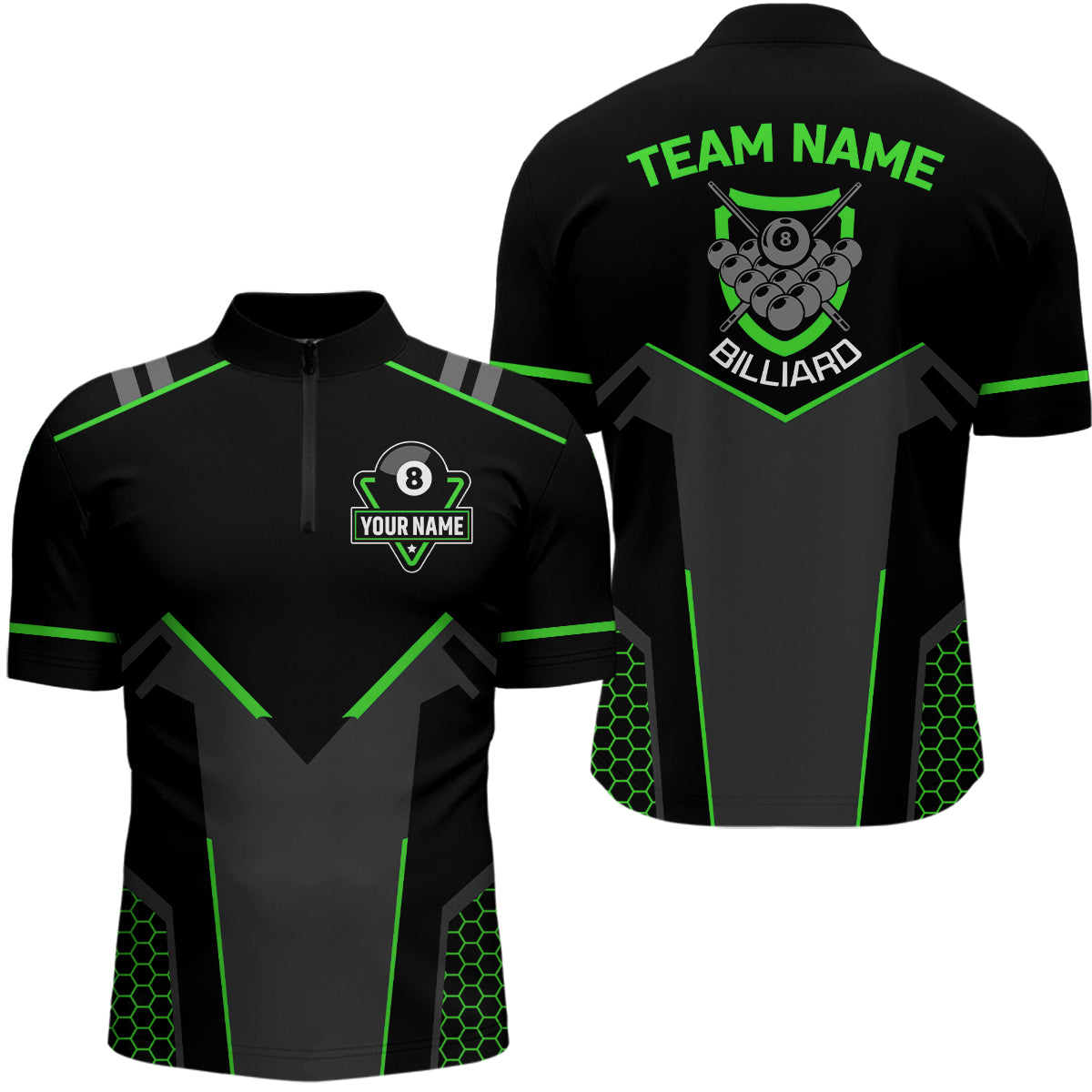 Personalized Black Green 8 Ball Billiard 3D Quarter-Zip Shirts For Men, 8 Ball Pool Team Jerseys VHM1058