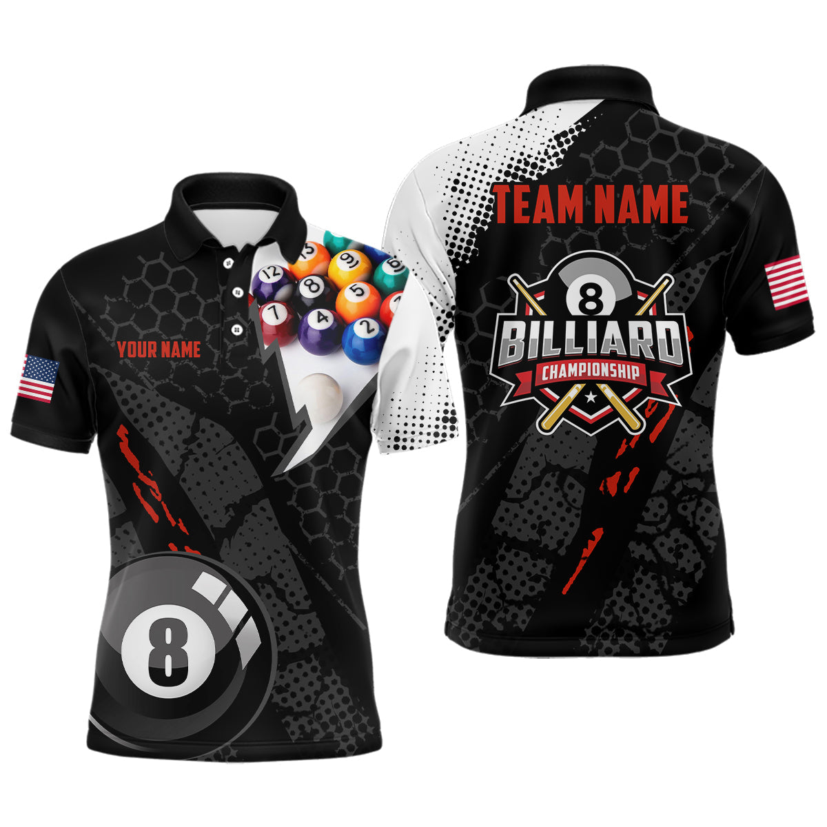 Personalized 3D Billiard Balls Black Polo Shirts For Men, Custom US Flag 8 Ball Billiard Jerseys VHM0574