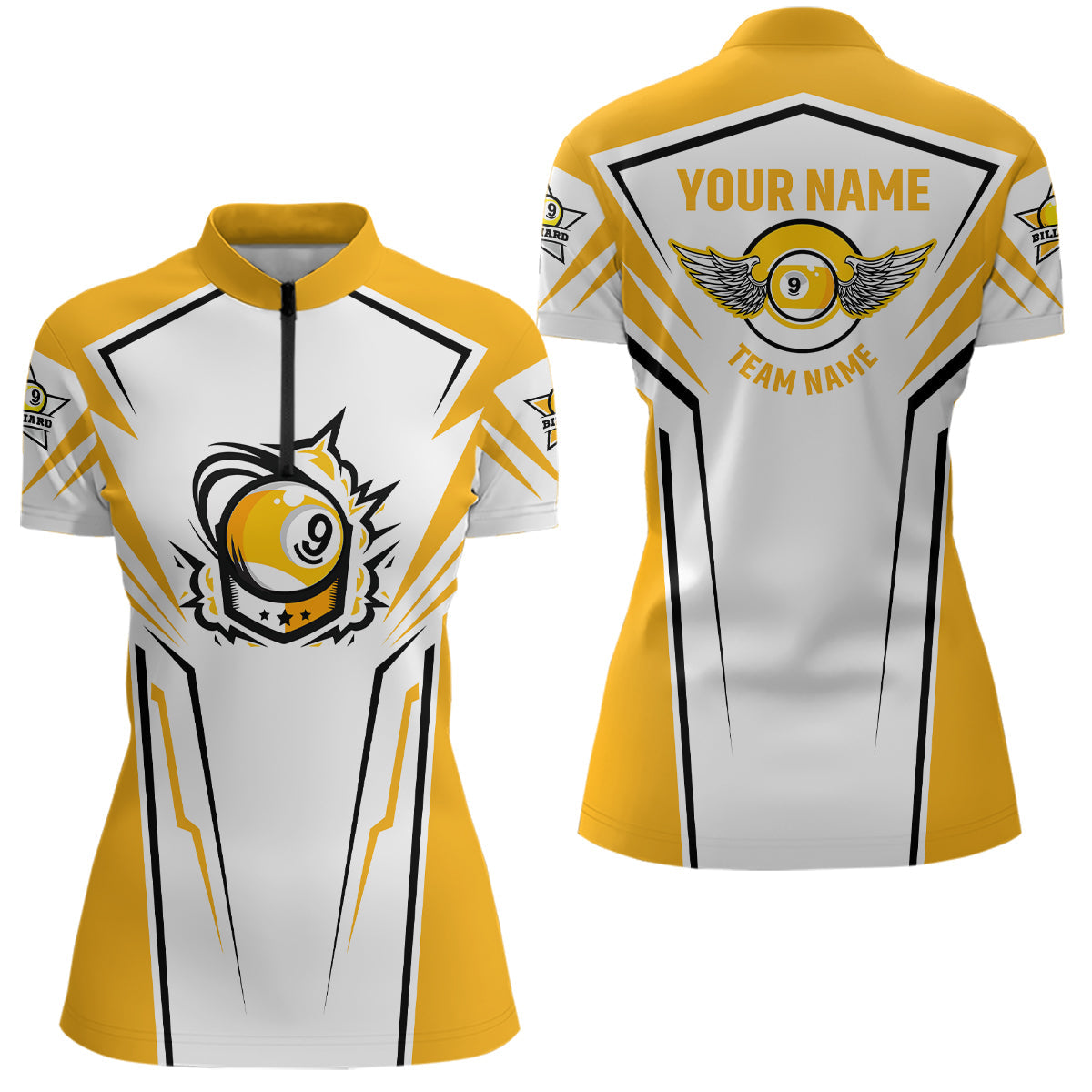 Personalized 3D Funny Billiard 9 Ball Quarter-Zip Shirts For Women, White Yellow 9 Ball Pool Jerseys VHM0759