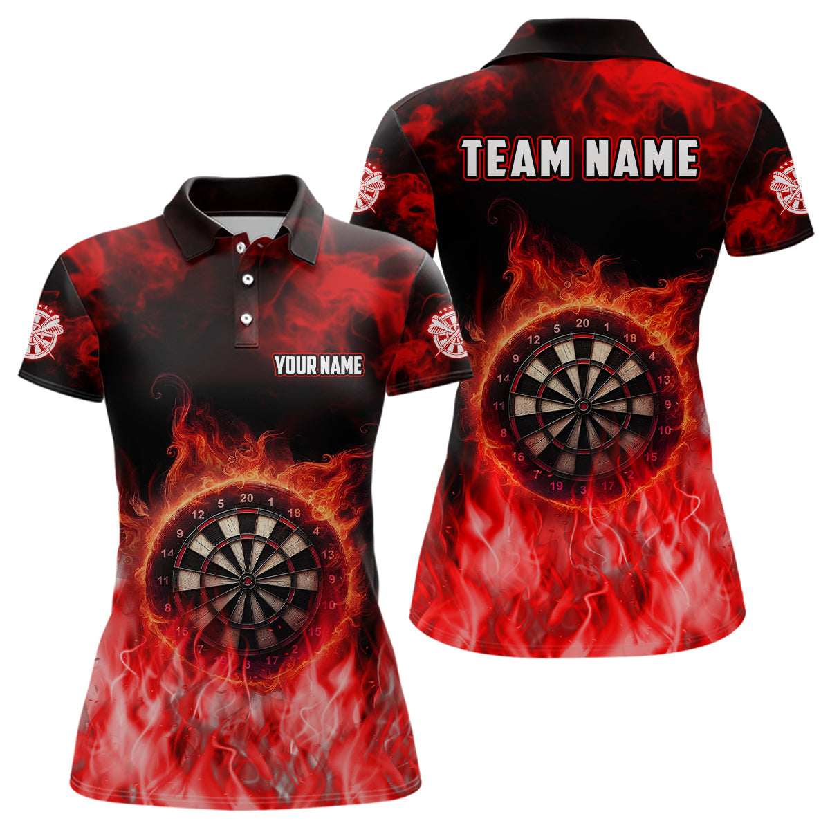 Personalized Red Fire Flame Dart Polo Shirts For Women, Dart Team Jerseys Custom Womens Dart Shirts VHM1084