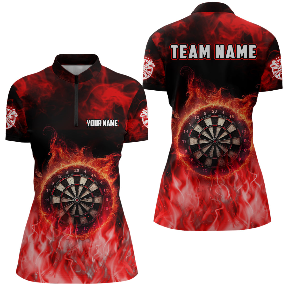 Personalized Red Flame Dart Quarter-Zip Shirts For Women, Dart Team Jerseys Custom Womens Dart Shirts VHM1084
