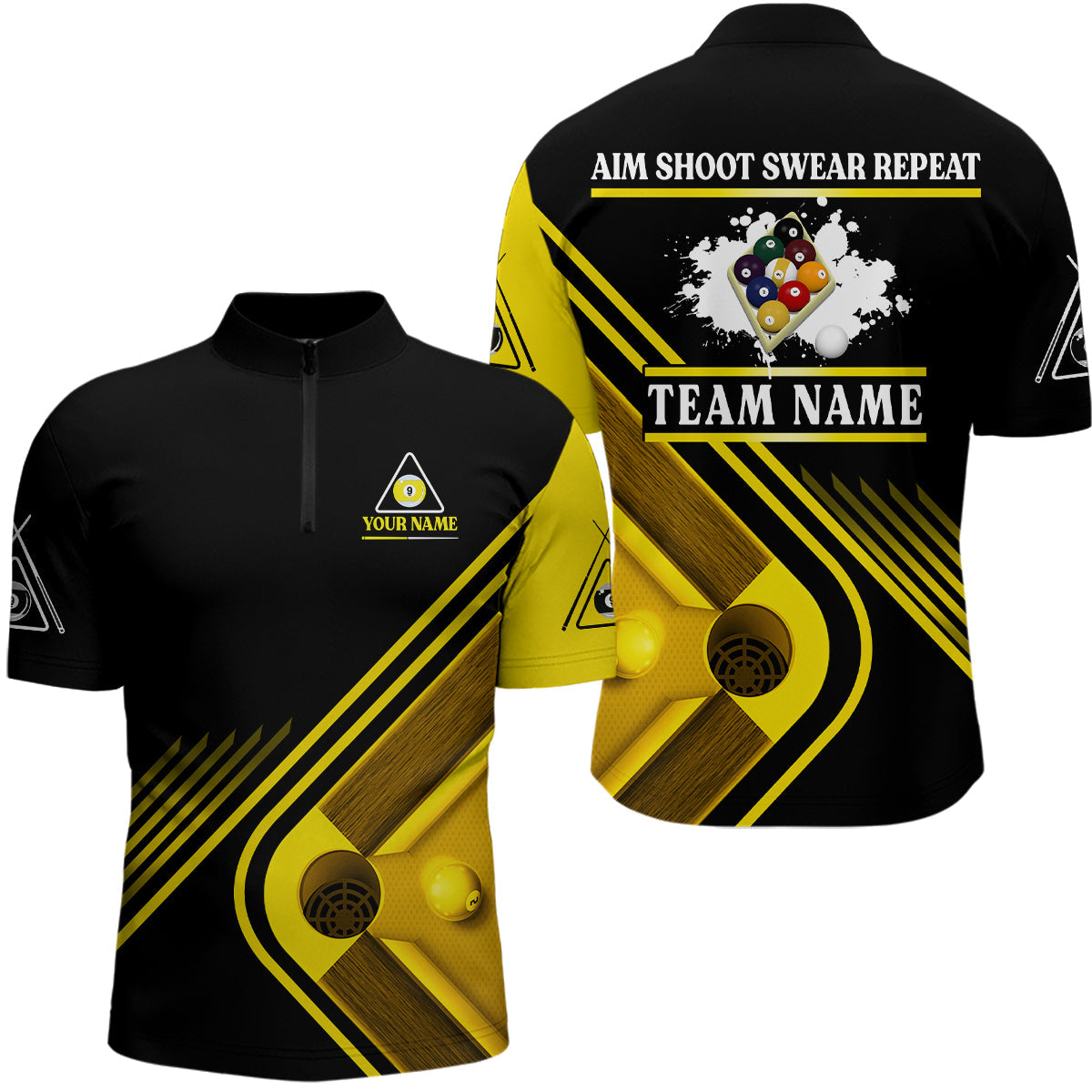 Billiards Aim Shoot Swear Repeat Custom Billiard Quarter-Zip Shirts For Men, 9 Ball Team Shirts VHM0596