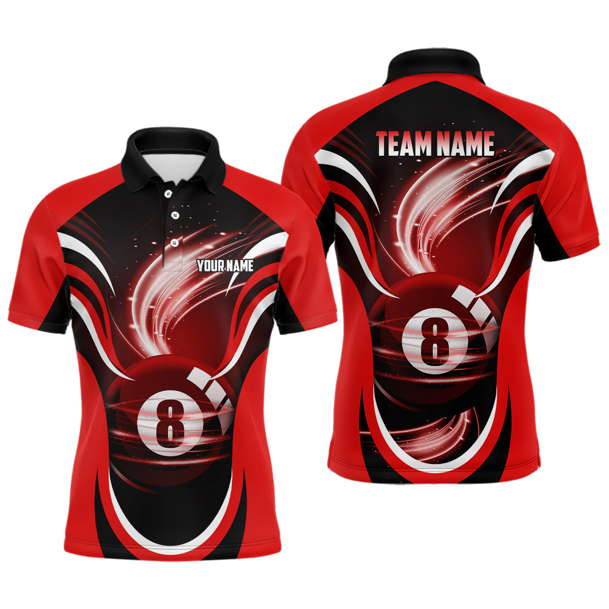 Personalized Red Black 3D 8 Ball Pool Polo Shirts For Men, Custom Billiard 8 Ball Pool Team Shirts VHM0772