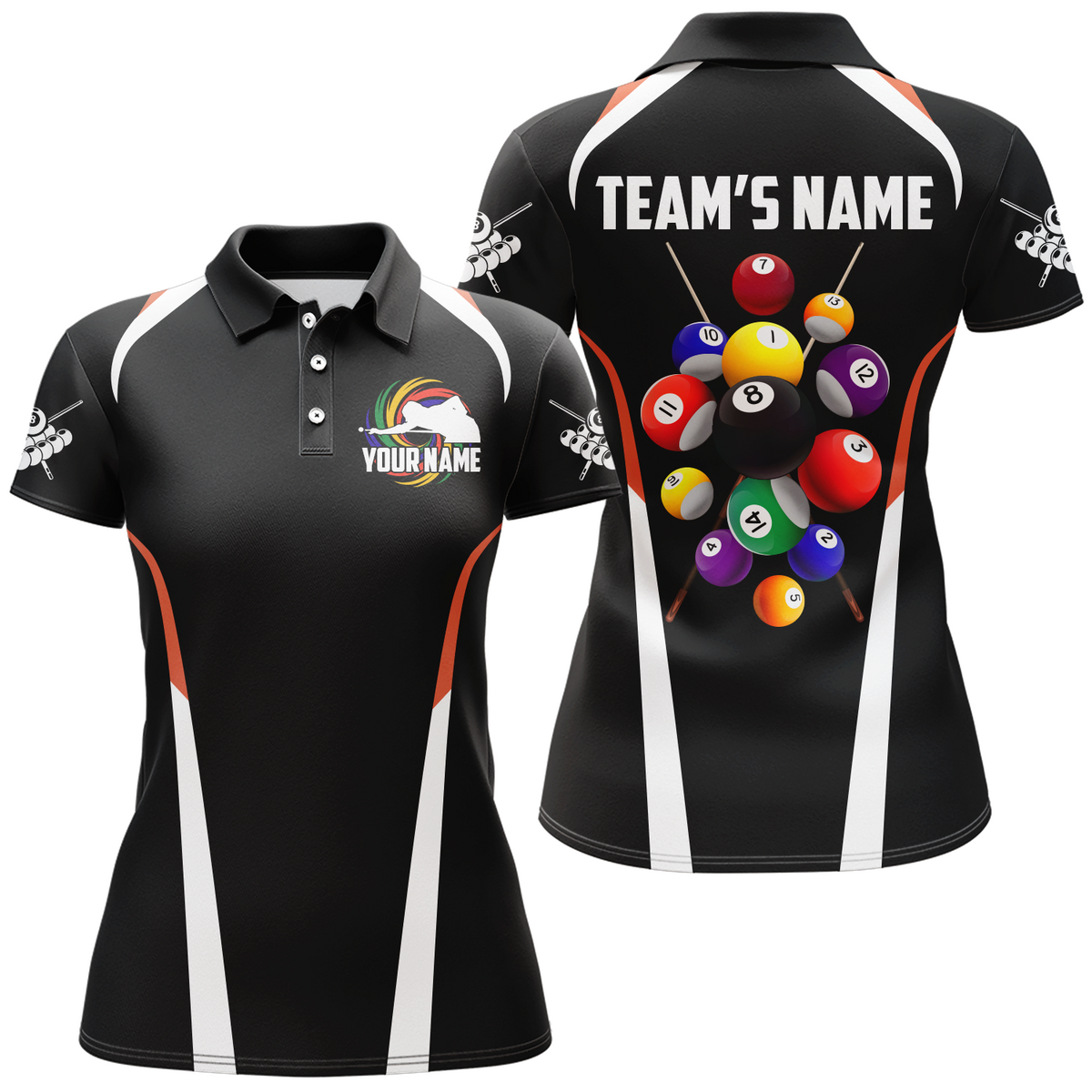 Personalized Billiard Balls 3D Polo Shirts For Women, Custom Black Colors Billiard Players Jerseys VHM0379