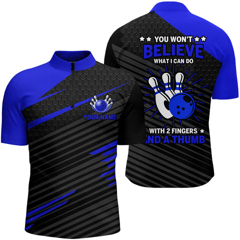 Funny Bowling Shirt for Men, Blue & Black Custom Bowling Jersey Quarter-Zip, 2 Fingers and A Thumb NBZ168