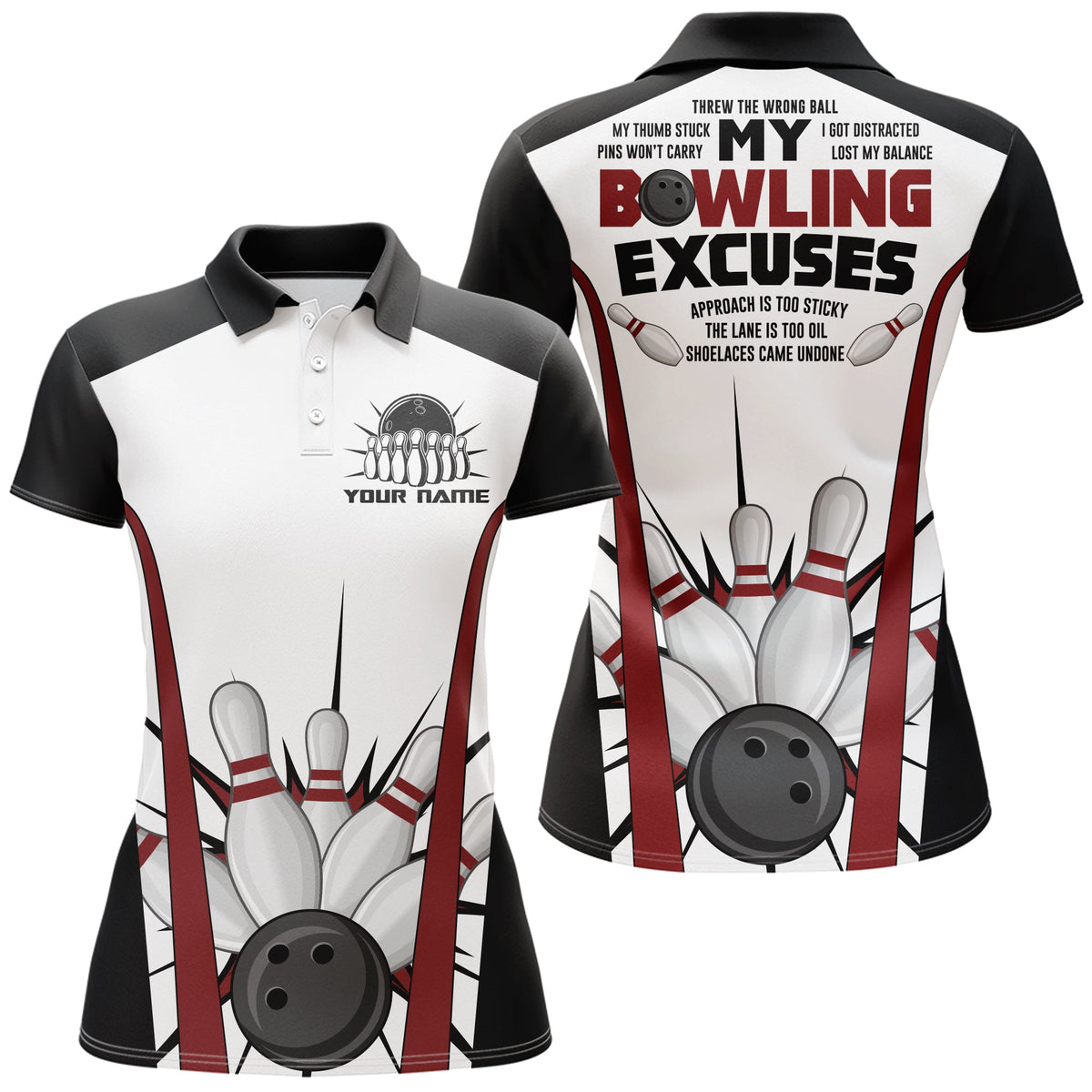 Funny Women's Polo Bowling Shirt, Custom Name Ladies Bowlers Jersey, Bowling Excuses NBP90