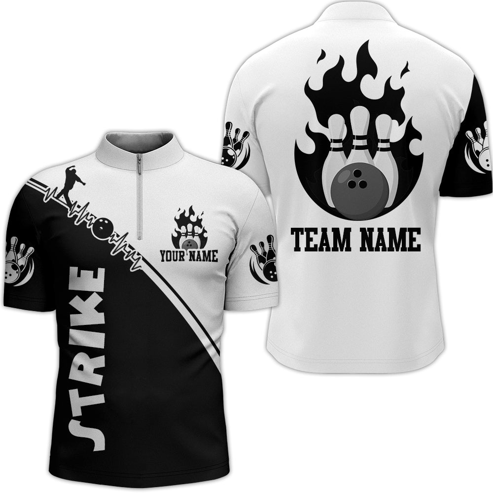 Black & White Bowling Shirt for Men Custom Bowling Team Jersey Bowling Quarter-zip Shirt QZT84