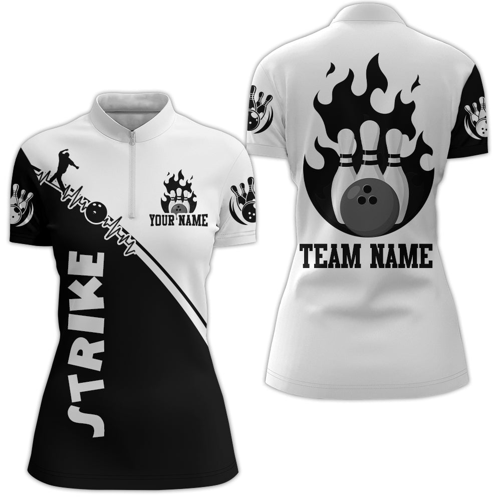 Black & White Bowling Shirt for Women Custom Bowling Team Jersey Bowling Quarter-zip shirt QZT84