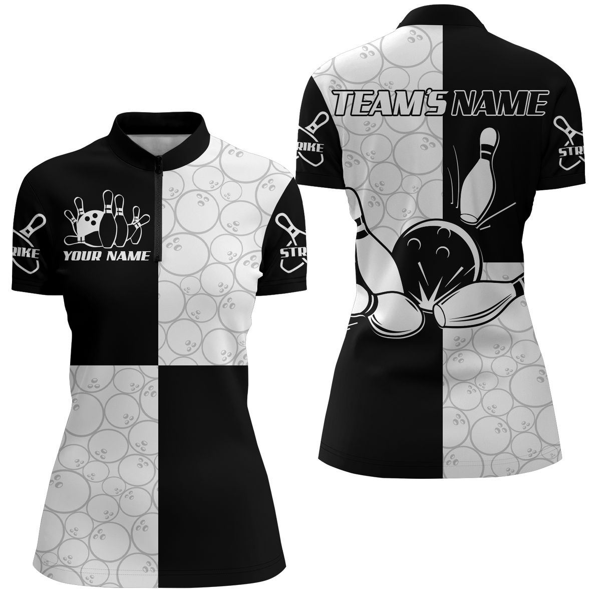 Black & White Bowling Shirt for Women Custom Bowling Team Jersey League Quarter-Zip Shirt QZT101