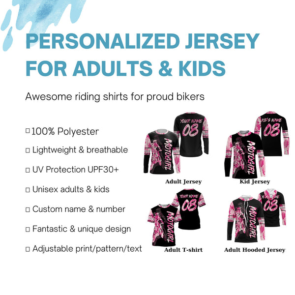 MotoGirl personalized jersey UPF30+ motocross girl pink camo dirt bike riding shirt women bikers NMS1022