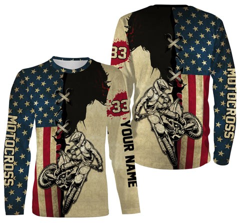 Personalized Motocross Racing American Flag Over Printed Hoodie, Long Sleeves, MotoX Dirt Bike Shirt| NMS273