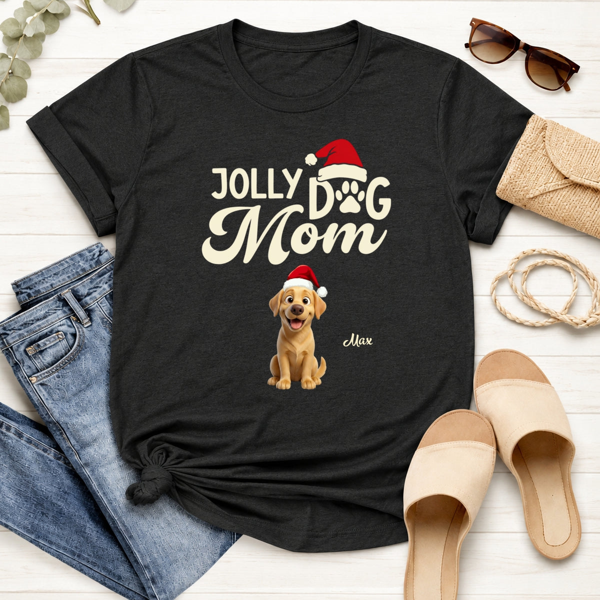Funny Custom Dog Christmas T-Shirt, Jolly Dog Mom Personalized Pet Shirt, Festive Dog Lover Tee FSDM108