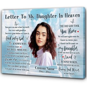 Daughter Memorial Canvas Gift| Letter To My Daughter in Heaven Gift| In Memory of Daughter NXM414