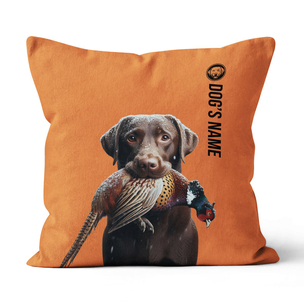 Chocolate Labrador Retriever Hunting Dog Custom Dog's Name Orange Pillow, Hunting Dog Pillows FSD4400