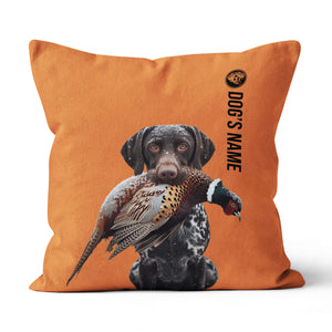 Liver & white German Shorthaired Pointer Hunting Dog Custom Dog's Name Orange Pillow, Hunting Dog Pillows FSD4397