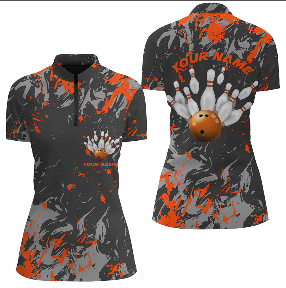 Black And Orange Camo Bowling Team Shirts Custom Women Quarter Zip Bowling League Shirts IPHW5361