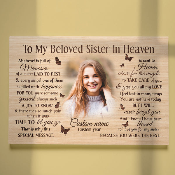 Sister Memorial Canvas Gift Personalized, Angel Sister in Heaven, Remembrance Gifts For Loss Of Sister NXM407