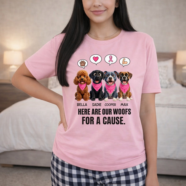Custom Dogs Breast Cancer Awareness T-Shirt, Here Are Our Woofs For A Cause Personalized Pet Shirt FSDM62