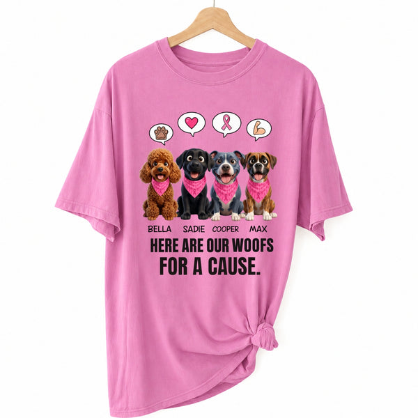 Custom Dogs Breast Cancer Awareness T-Shirt, Here Are Our Woofs For A Cause Personalized Pet Shirt FSDM62