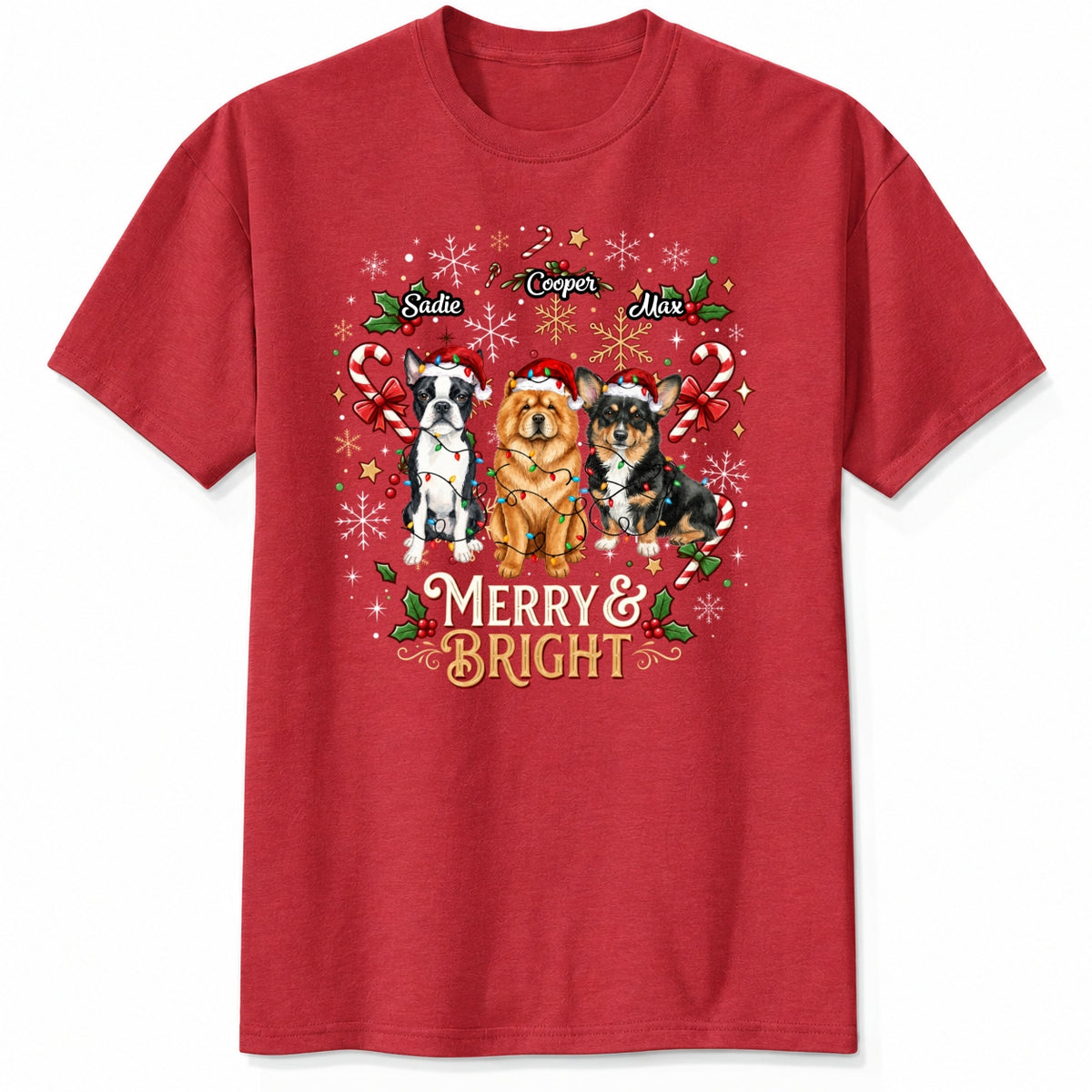 Custom Personalized Dogs Christmas T-Shirt, Merry And Bright Personalized Pet Holiday Gift FSDM94
