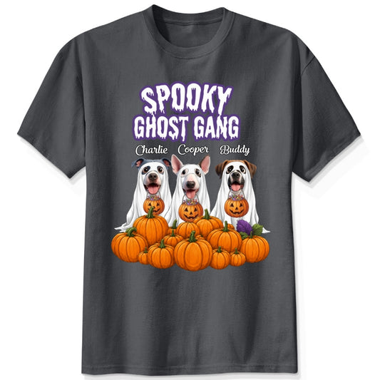 A heather dark grey short-sleeve t-shirt featuring a 'Spooky Ghost Gang' halloween graphic print with custom 1-4 dogs and pumpkins on a white background. 
