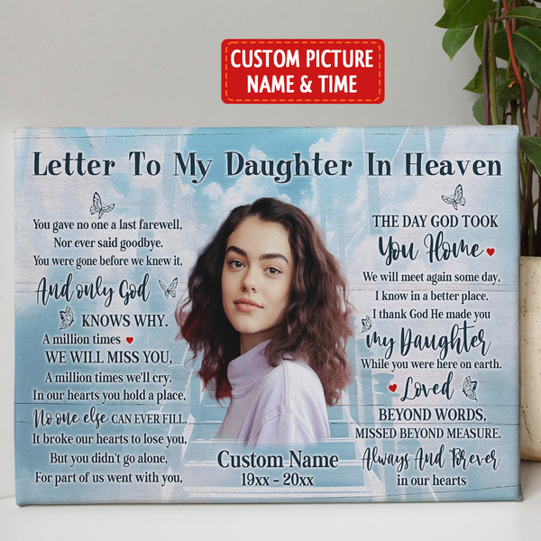 Daughter Memorial Canvas Gift| Letter To My Daughter in Heaven Gift| In Memory of Daughter NXM414