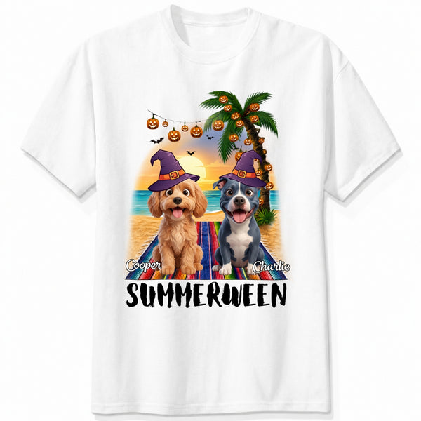 Custom Dogs Summerween Beach Shirt, Summer and Halloween Funny Dogs In Witch Hats T-shirt FSDM57